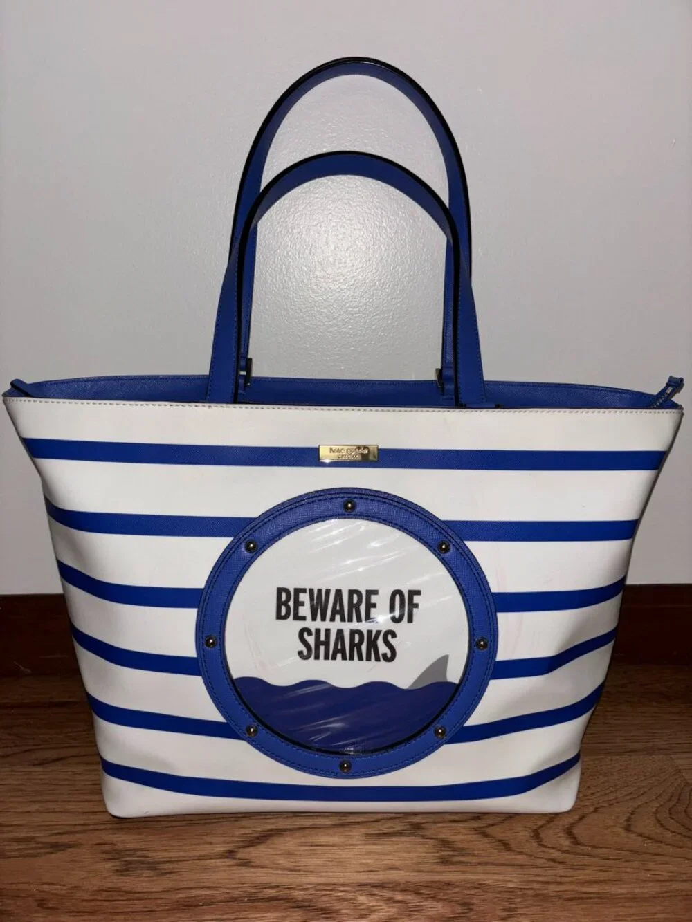 Kate Spade Beware of Sharks Jules Tote Bag Port Hole Nautical Blue Stripe BEACH